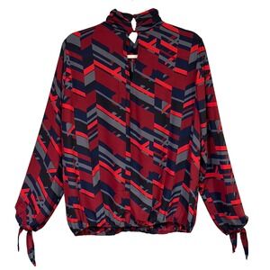 Allison Joy Blouse Burgundy XL Geometric Print Mock Neck Long Sleeve Top